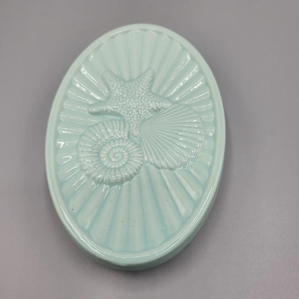 Ceramic Sea-Themed Soap Dish Oval Starfish Seashell Design Seafoam/Aqua